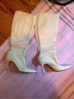 Jimmy Choo Cream Knee-High Pointed Stiletto Boots